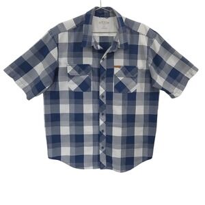 Orvis Shirt Mens XL Blue Plaid Tech Chambray Work Chore Short Sleeve Button Up
